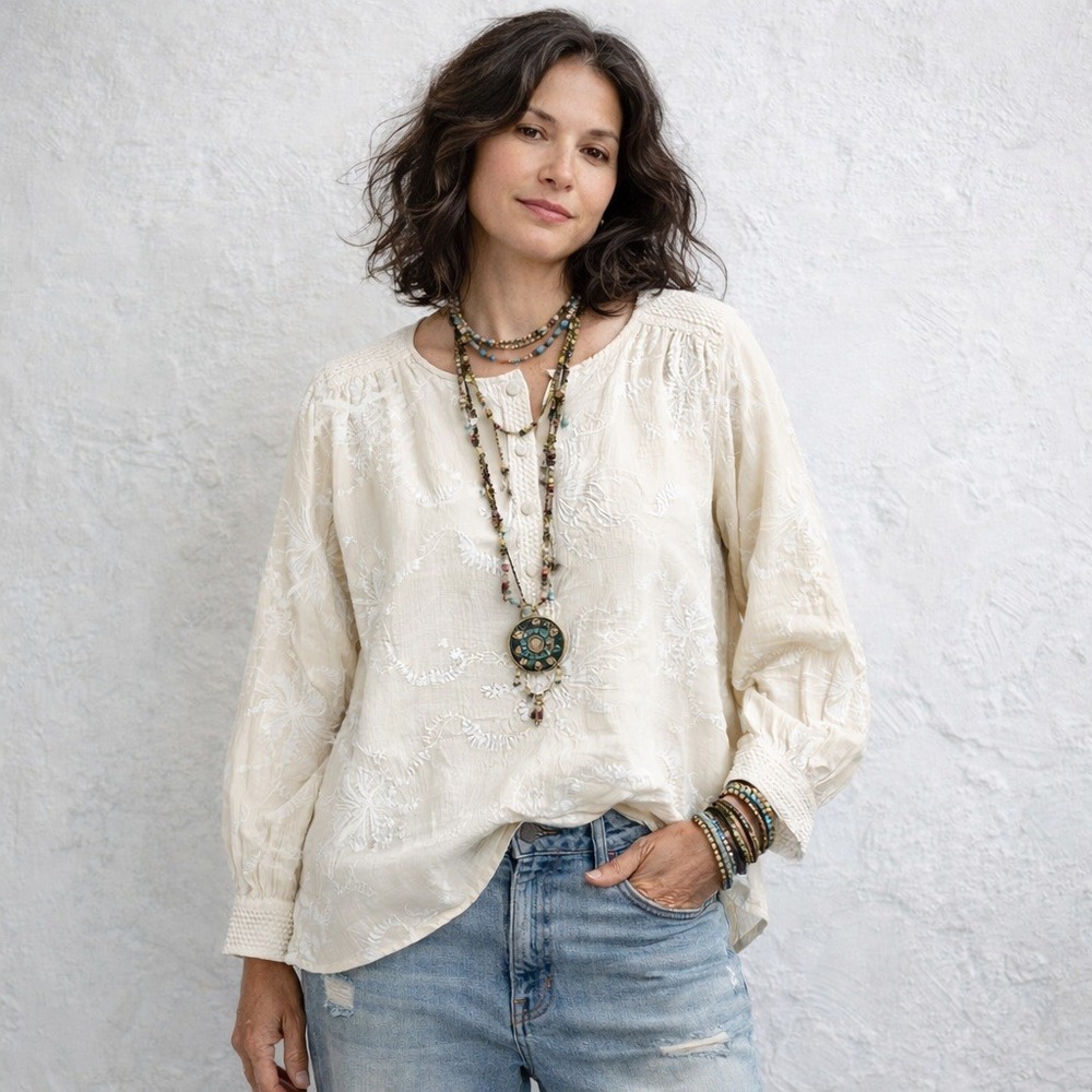 Cottagecore Boho Embroidered Blouse Aratta Silent Journey Cream Smocked M/L